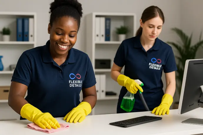 Two female cleaners working with smile